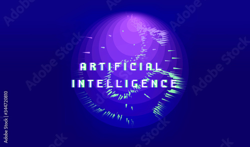 Dotted sphere made of particles. Cover or poster for high tech systems: Artificial Intelligence, Deep Learning, Neural networks.