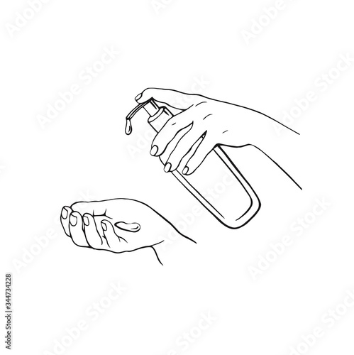 Disinfection of hands. Hand-drawn vector illustration . alcohol gel bottle for cleaning and disinfection. Hand press disinfectant. Vector illustration