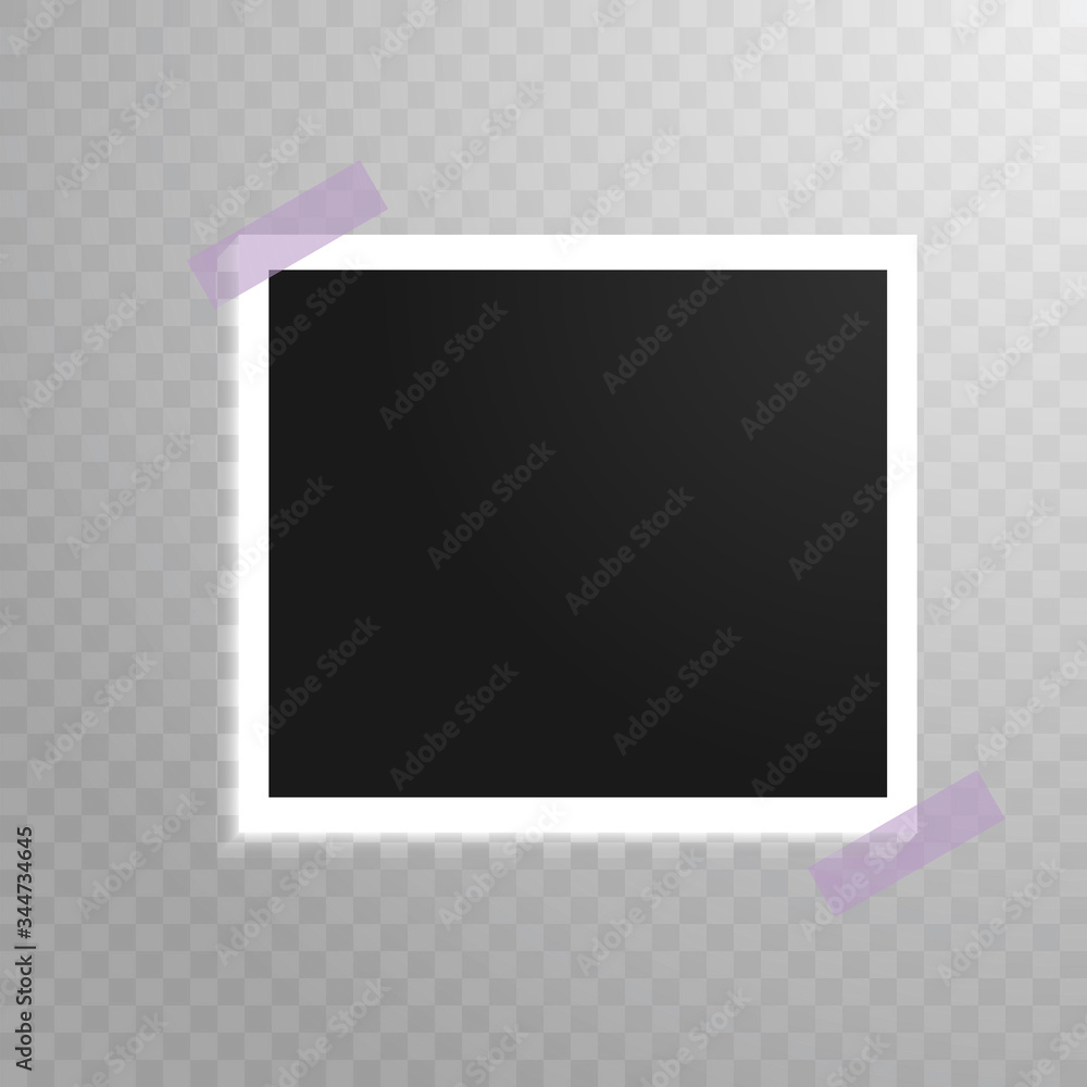A white frame with a black photo on a gray checkered background glued with pink tape in two corners. Vector illustration. Stock Photo. A white frame with a black photo on a gray checkered background glued with pink tape in two corners. Vector illustration. Stock Photo.