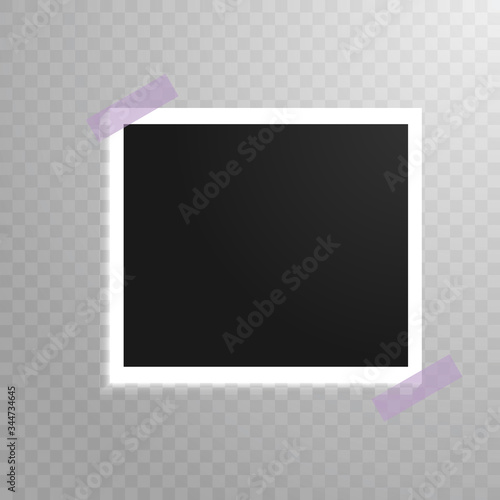 A white frame with a black photo on a gray checkered background glued with pink tape in two corners. Vector illustration. Stock Photo.