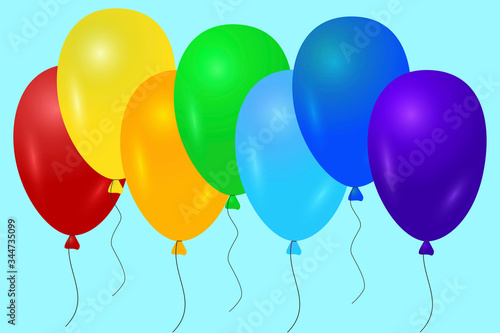 Multicolored, bright, beautiful inflatable balloons with threads in a row, on a blue background. Vector illustration. Stock Photo.