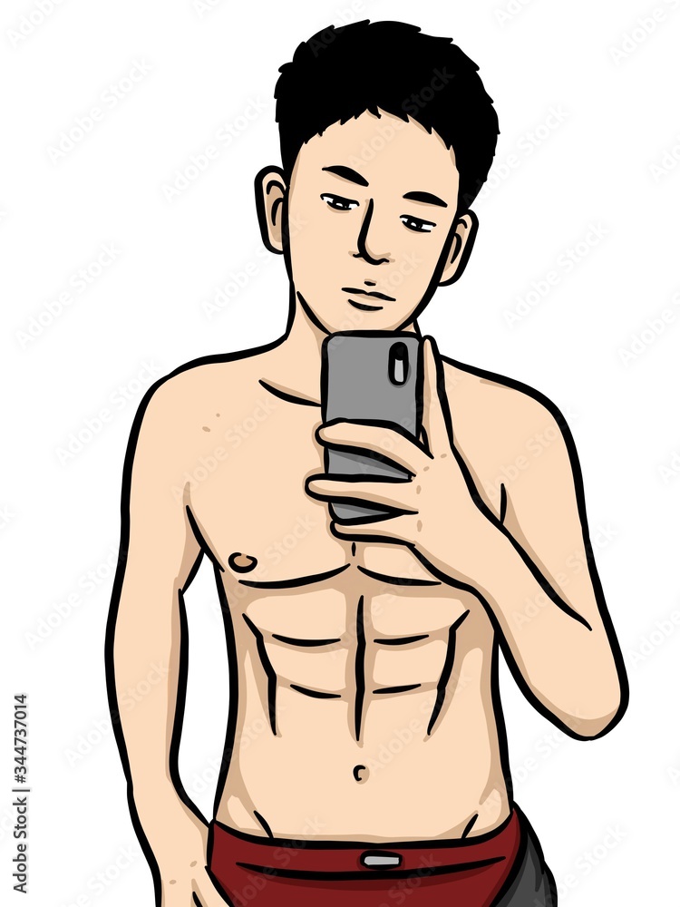 Fototapeta premium Cartoon man use phone for selfie