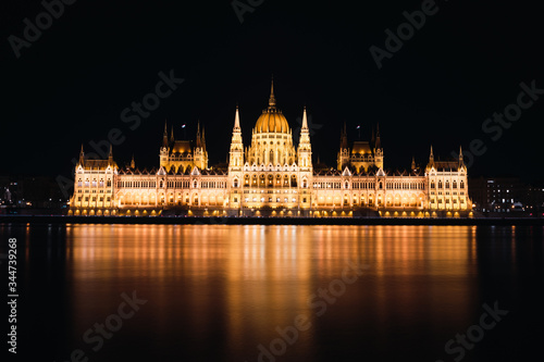 Hungarian Parliament Building and Danube river at night, Budapest, Hungary