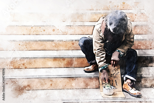 Photos Abstract colorful business senior man homeless alone on watercolor illustration painting background