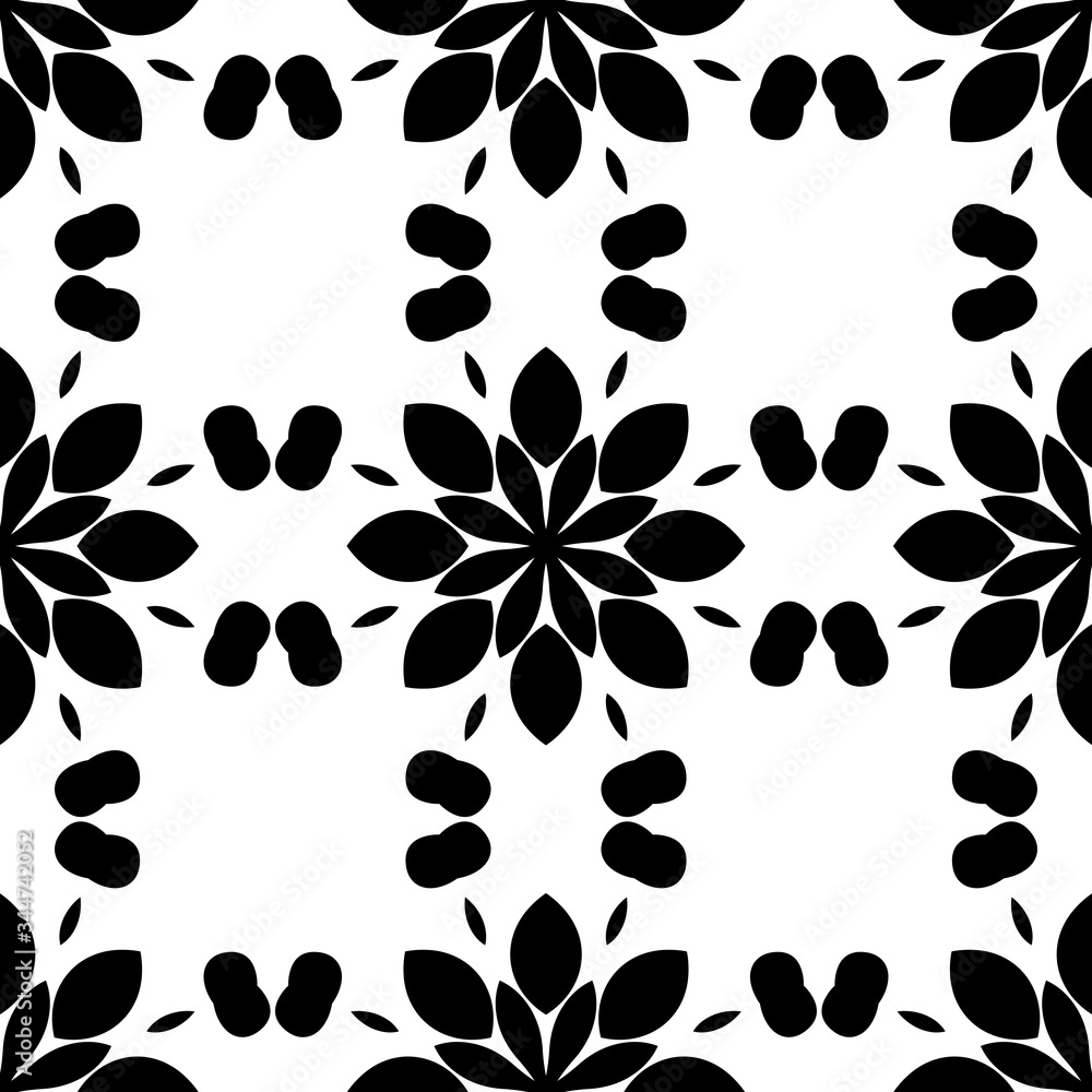 Fototapeta premium Black and white seamless pattern, texture, floral geometric design, retro, vintage ornament