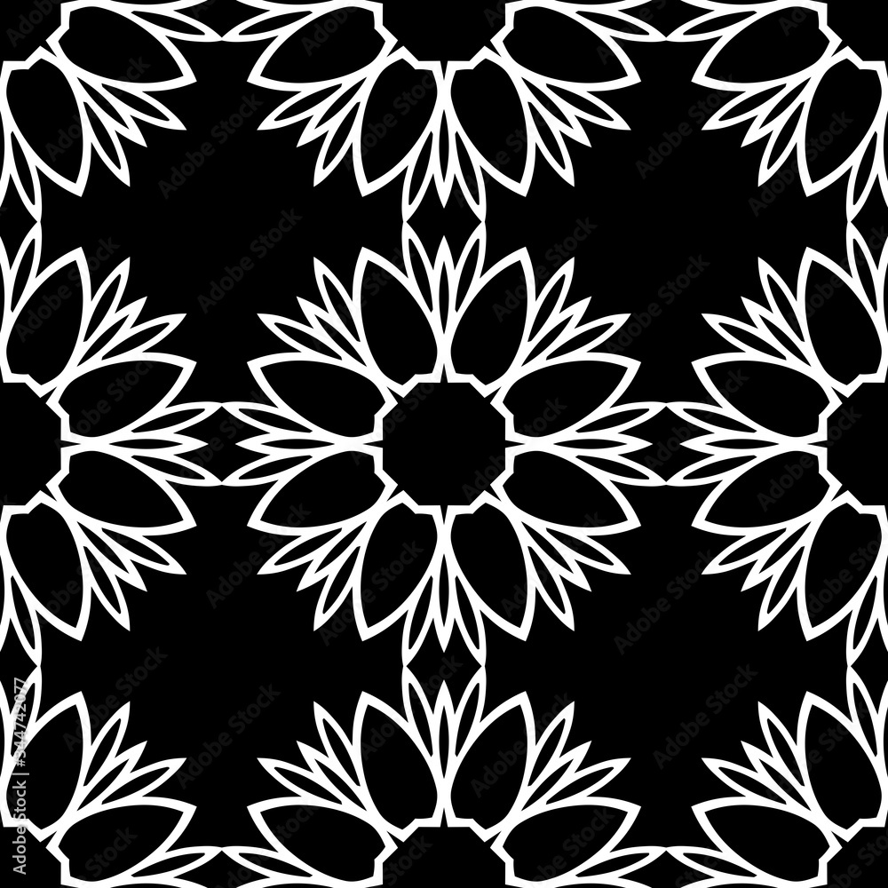 Fototapeta premium Black and white seamless pattern, texture, floral geometric design, retro, vintage ornament