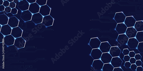 Abstract hexagonal molecule background, genetic and chemical compounds system. Geometric graphics and connected lines with dots