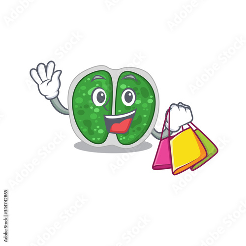 Rich and famous chroococcales bacteria cartoon character holding shopping bags