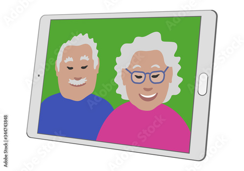 Seniors couple on a generic tablet screen. Boomer Generation people in a video call. Grandma and Grandpa smiling. Flat isometric illustration with a 3D look.