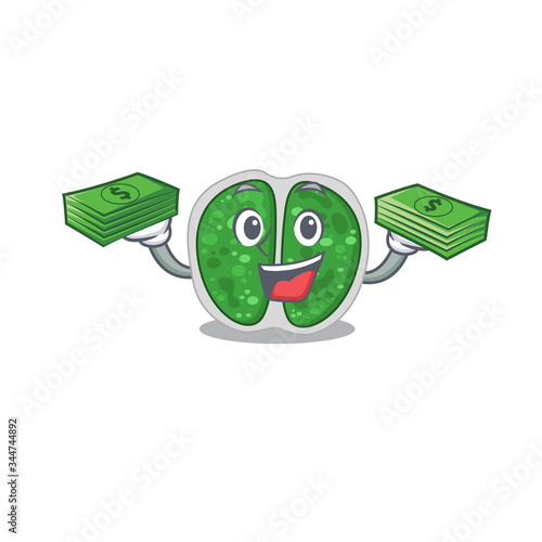 A wealthy chroococcales bacteria cartoon character having money on hands