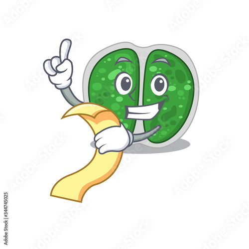 Chroococcales bacteria mascot character design with a menu on his hand