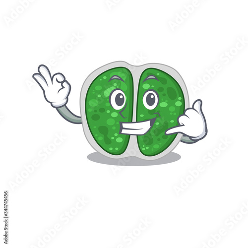 Cartoon design of chroococcales bacteria with call me funny gesture