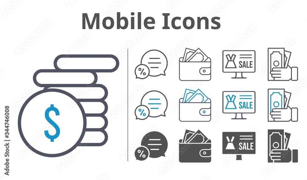 mobile icons icon set included online shop, wallet, money, chat icons