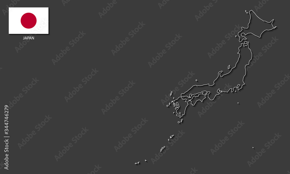 Map outline of Japan (white thin line) with Japanese flag at the top right corner on the dark grey background. Map outline of Japan (white thin line) with Japanese flag at the top right corner on the dark grey background.