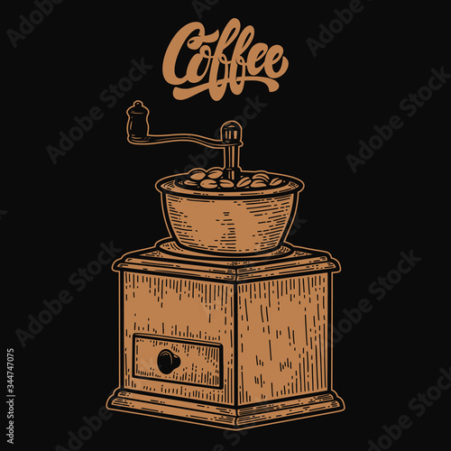 Illustration of coffee mill in engraving style. Design element for logo, label, emblem, sign. Vector illustration