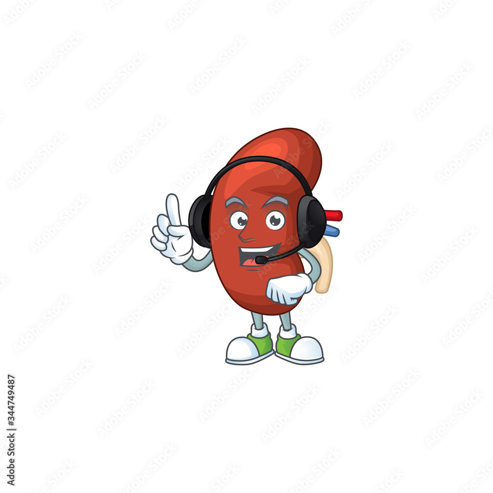 Fototapeta premium Leaf human kidney cartoon character style speaking on headphone