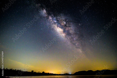 milky way at the lake with reflections in night time