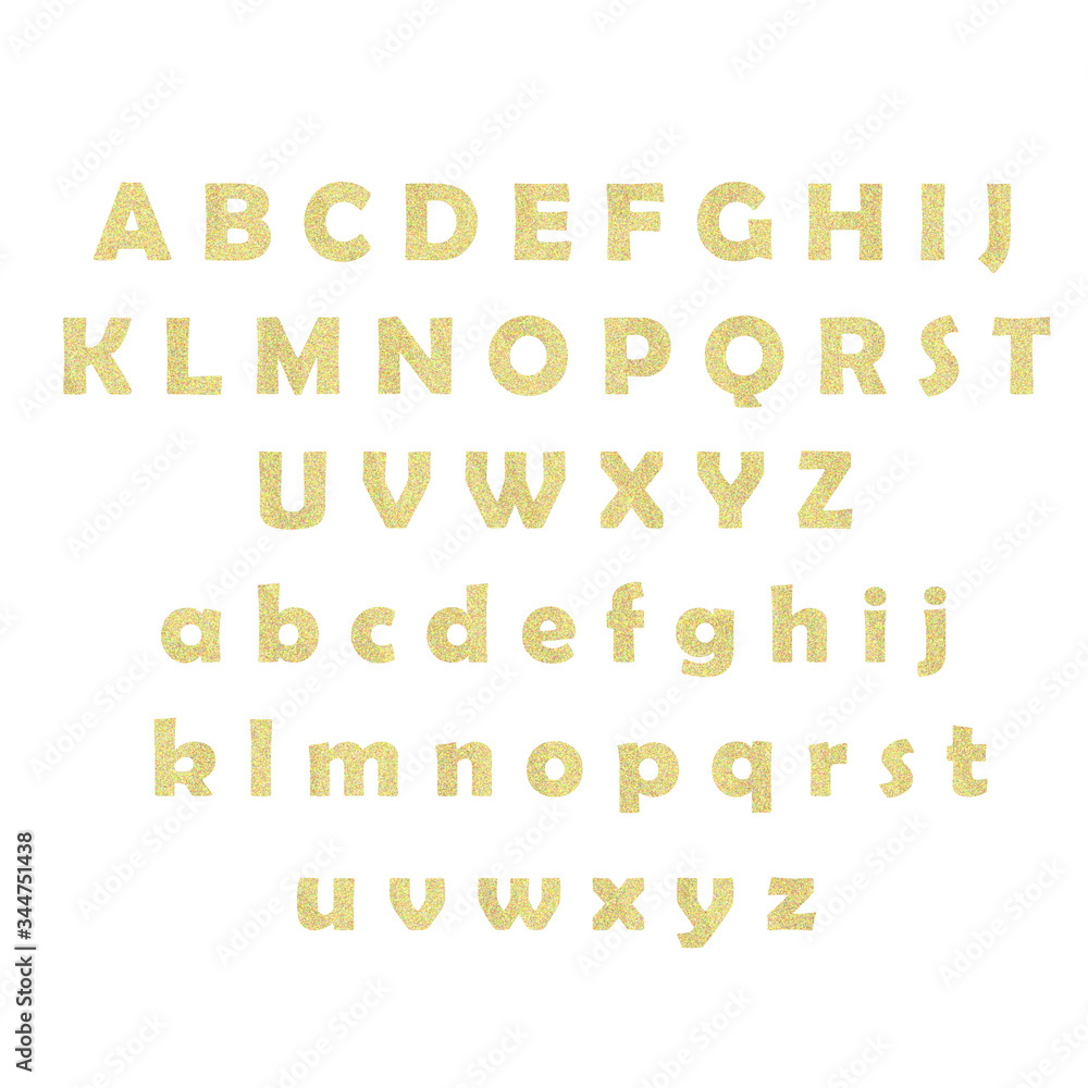 gold giltter textured lettering. giltter alphabet on white background. golden glitter text good for sale, holiday, voucher.