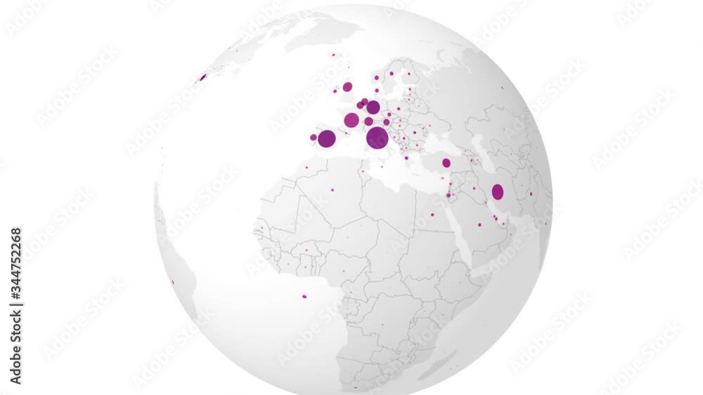 Map of the globe with dots representing coronavirus or covid-19 cases worldwide Map of the globe with dots representing coronavirus or covid-19 cases worldwide