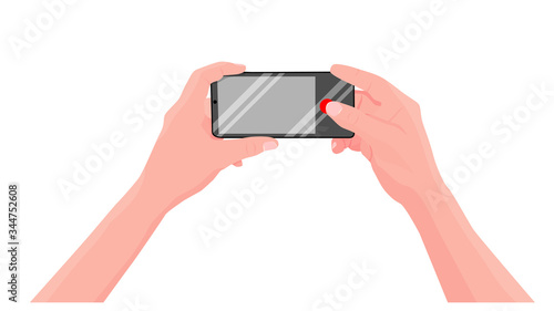 Men holds a smartphone in hands and takes a pictures with phone's camera. First-person view. Isolated on white background, free space for your pictures. Vector illustration. 