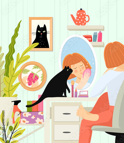 Woman closeup sit at cosmetic table with reflection in mirror doing makeup or face care everyday girly beauty routine. Lady cozy room interior and everyday morning facial ritual. Flat vector design.