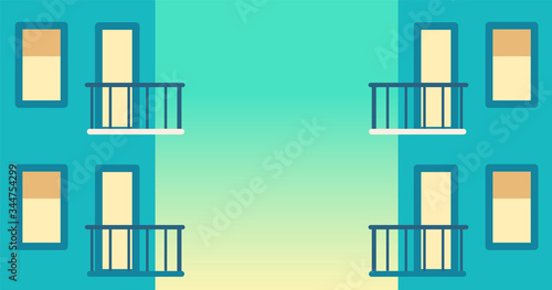 Balcony in modern house in sunset. Urban skyscrapers. Vector cartoon illustration of home facade element, city apartments, outside view. Wall of dwelling house with windows, balconies and railing