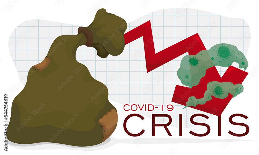 Poor Moneybag with Patches and Down Arrow due COVID-19 Crisis, Vector Illustration