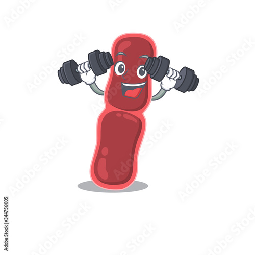 Mascot design of smiling Fitness exercise bacillus bacteria lift up barbells