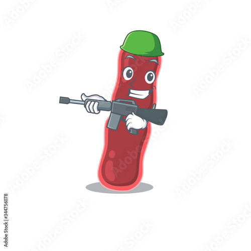 A cartoon picture of bacillus bacteria in Army style with machine gun