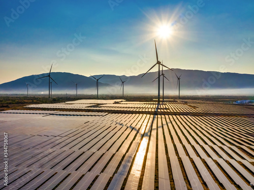 Aerial view of windmill and Solar panel, photovoltaic, alternative electricit...