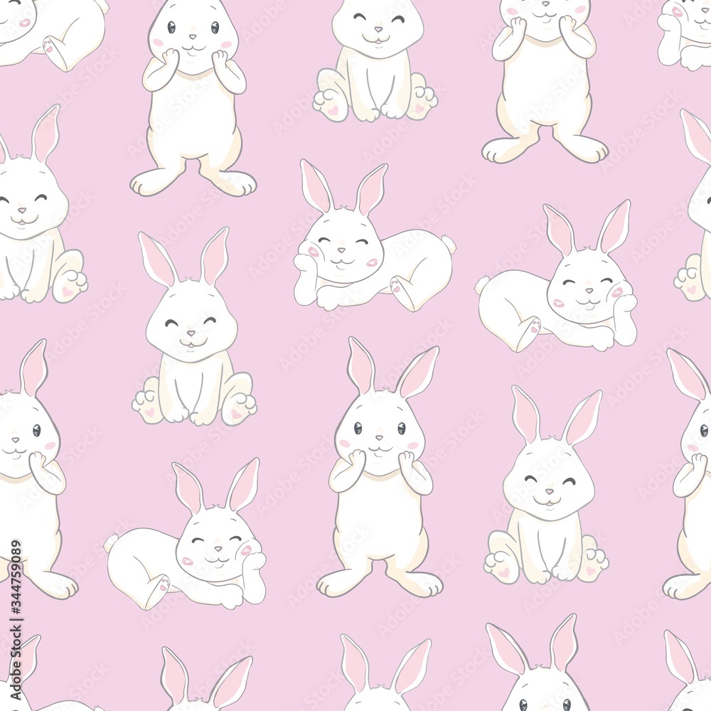 Fototapeta premium Rabbit holds a huge heart. Pattern.Pink background.For prints, book illustrations, packaging material, textiles.Vector illustration.
