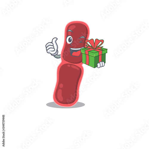 Smiling bacillus bacteria cartoon character having a green gift box