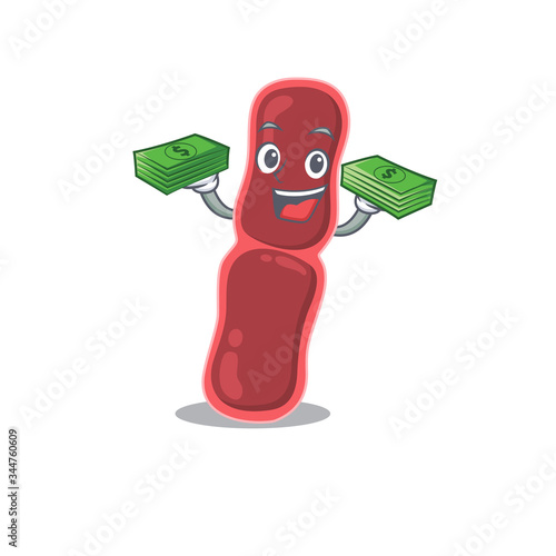 A wealthy bacillus bacteria cartoon character having money on hands