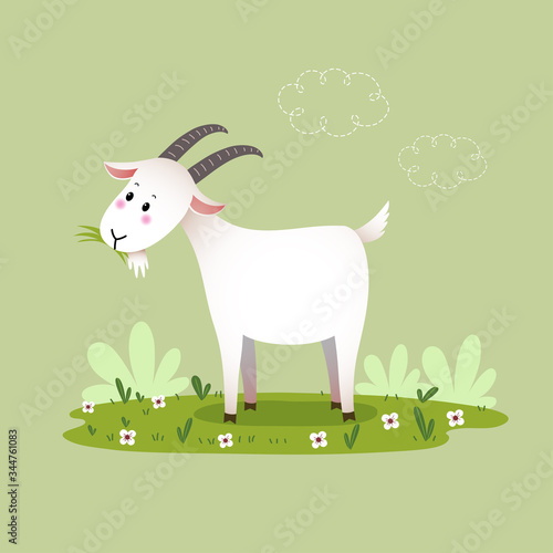 Vector illustration cartoon goat eating the grass.
