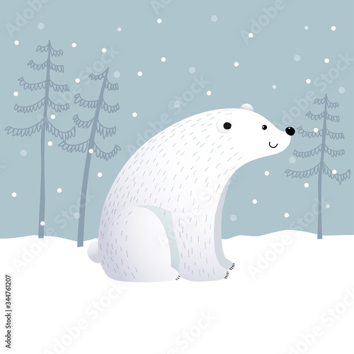 Vector illustration cartoon polar bear with winter landscape scene on a snowy day.