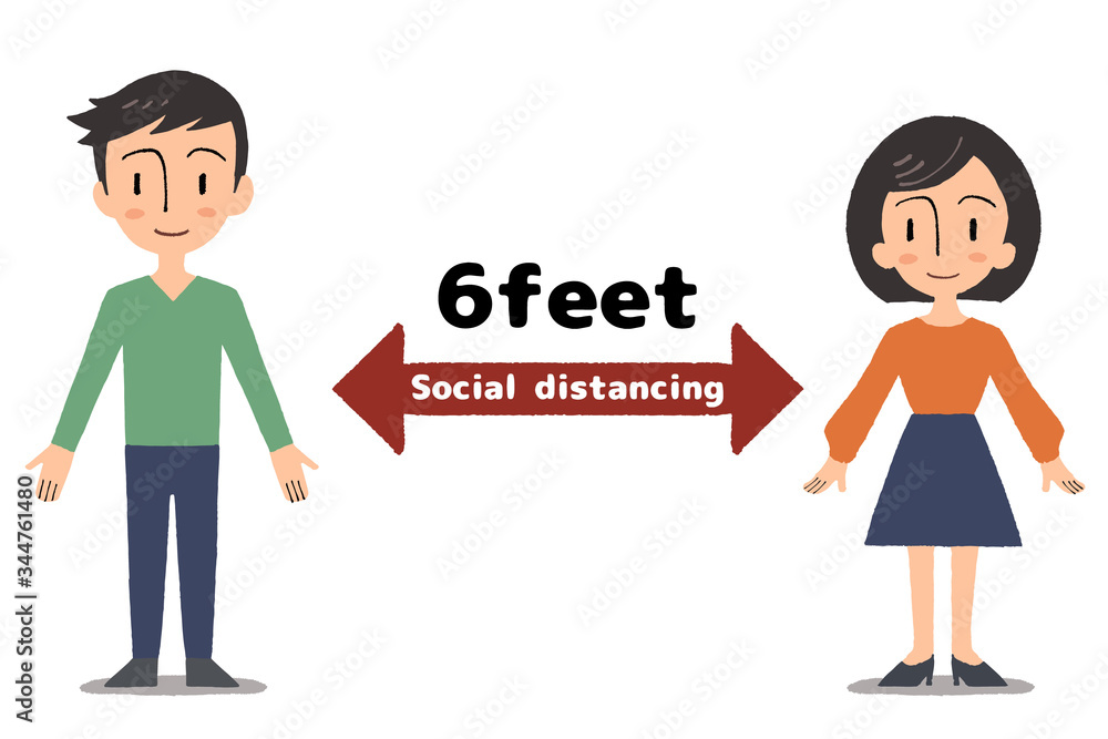 ソーシャルディスタンス、social distancing、男女のイラスト ソーシャルディスタンス、social distancing、男女のイラスト