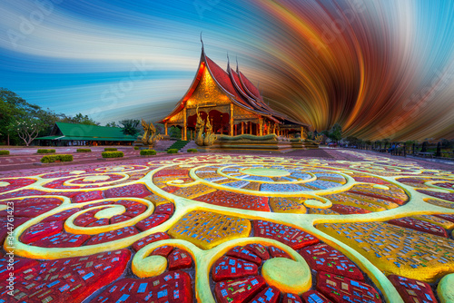 Beautiful floor pattern as foreground at Sirindhorn Wararam temple (Wat Phu Prao) at Ubonratchathani province in Thailand . Edit picture with photo program. Art concept. © Jack