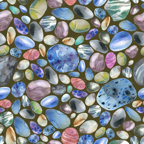 Watercolor illustration, pattern. Sea stones on a brown background.