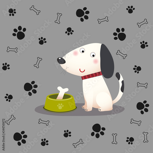 Vector illustration of a cartoon dog with bone in the bowl on paw and bone background.