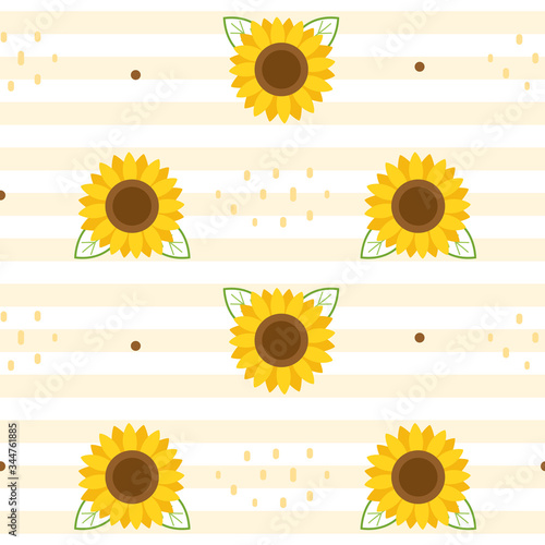 The pattern of sunflower and leaves on the white and yellow background. illustation sunflower for background.