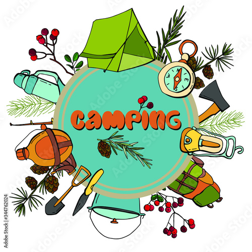 Greeting card with camping elements, Christmas trees, berries and cones. The inscription "Camping". Cartoon style. Stock illustration.