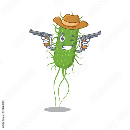 Cute handsome cowboy of e.coli bacteria cartoon character with guns