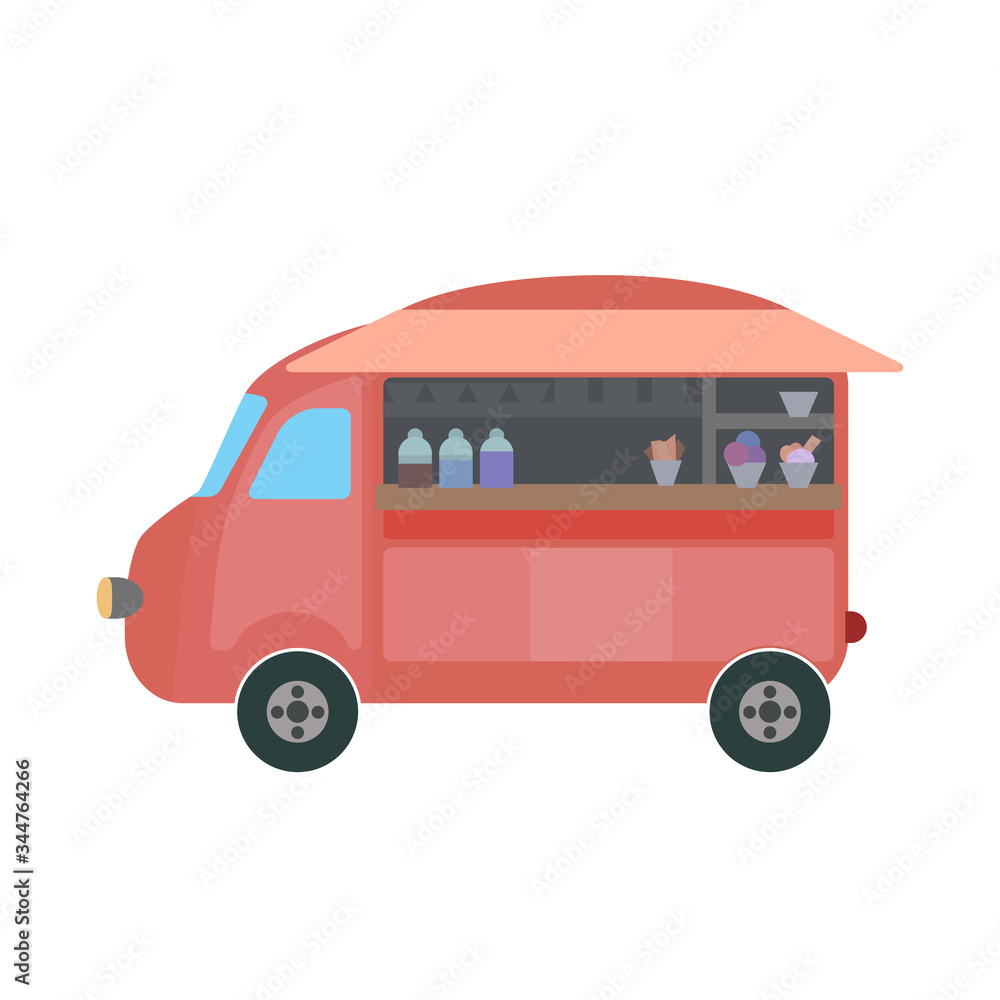 Flat cartoon of an ice cream food truck on white background. Vintage pink retro car. Colorful vector illustration for cards, banners, menu, placard and your design.