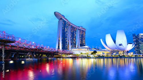 SINGAPORE-2019-11-20:Marina bay sands and business distirct in night time beside riverside at Singapore. photo