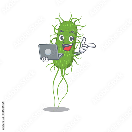 Cartoon character of e.coli bacteria clever student studying with a laptop