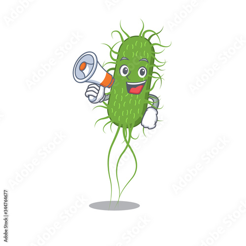 Cartoon character of e.coli bacteria having a megaphone photo