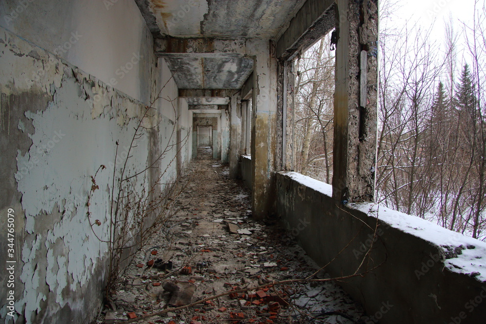 Fototapeta premium corridor of an abandoned building, no windows view of snow and trees