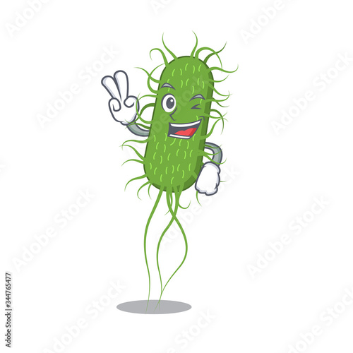 Happy e.coli bacteria cartoon design concept with two fingers