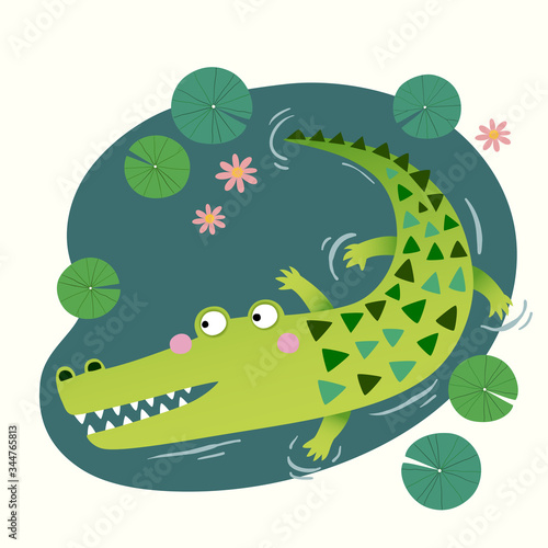 Vector illustration of a cute crocodile in the pond.