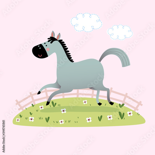 Vector illustration of a cute gray horse running in the grass.